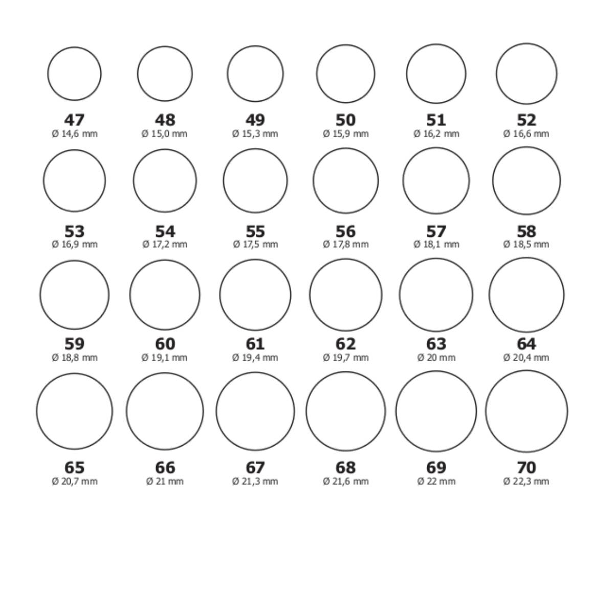 Baguier imprimable présentant les tailles de bagues françaises du 47 au 70 avec le diamètre en millimètres, permettant de mesurer précisément sa taille de bague à la maison.